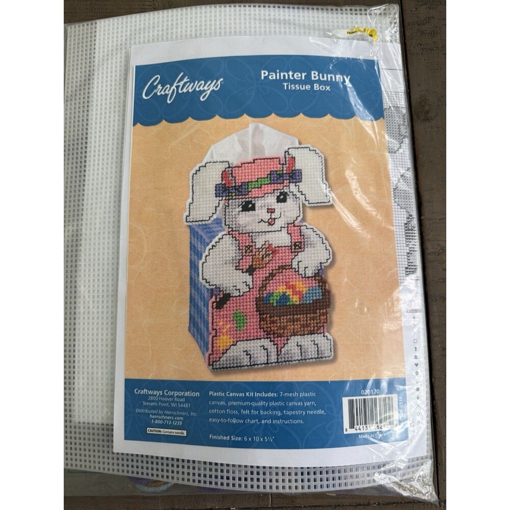 Craftways Easter Bunny Painter Tissue Box Cover #020170 Plastic Canvas Kit New
